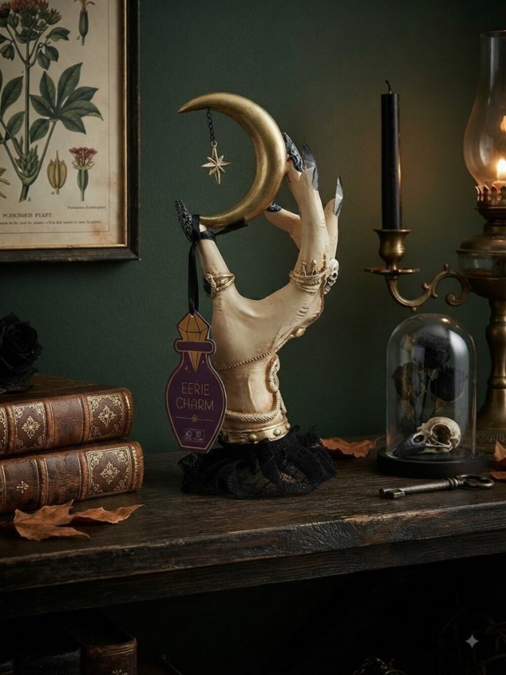 New Eerie Charm Witch Hand Crescent Moon Halloween Decor 10" Gothic Figure - Picture 2 of 9